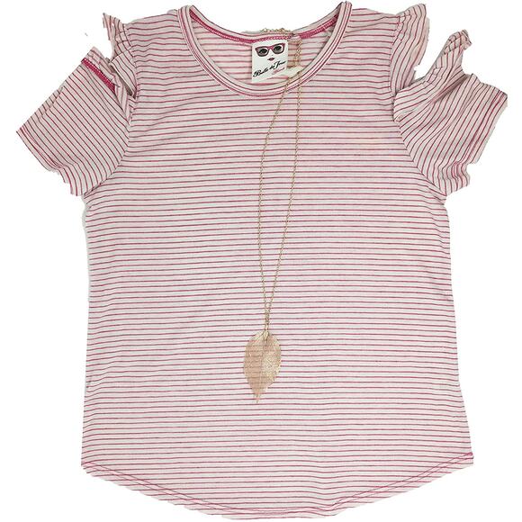 Belle Du Jour 2-Pc. Ruffle Cold Shoulder Shirt Pink Stripe with Necklace Small - Picture 1 of 1
